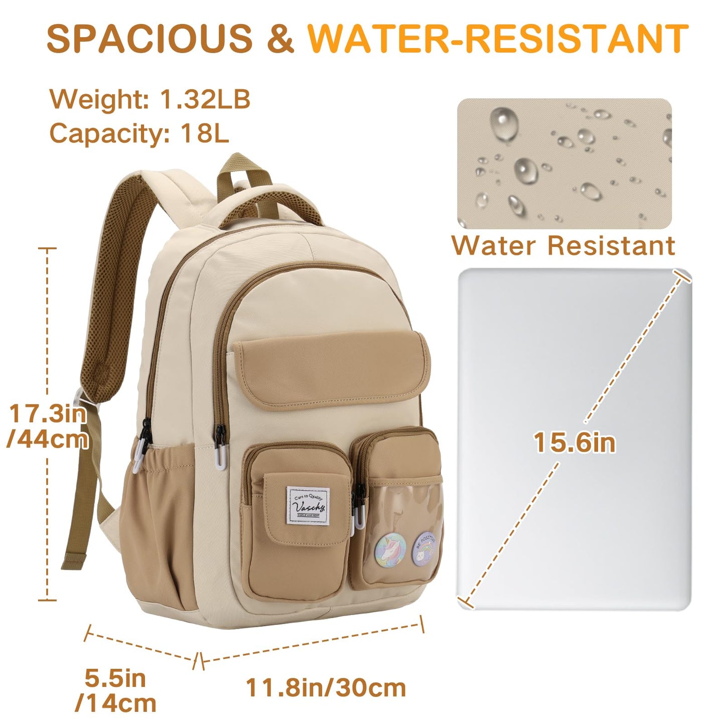 VASCHY Backpack for Girls, Cute School Bag Bookbag for Elementary Middle Schooler Teen Girls/Kids Travel with Clear Pin Pouch Khaki