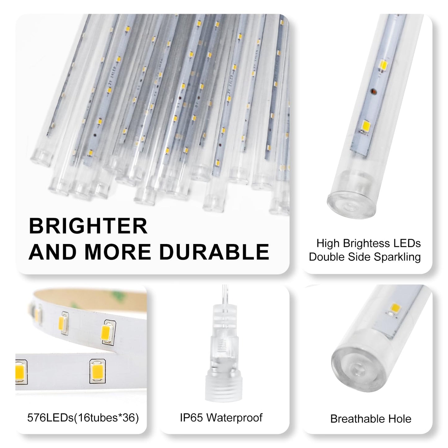 PEMOTech Christmas Lights Outdoor,16 Tubes 576 LED 16 Inch,Meteor Shower Lights Outdoor,Waterproof Icicle Lights,Luces Navideñas para Exteriores,White,50 ft for Christmas Tree,Party,Garden Decor