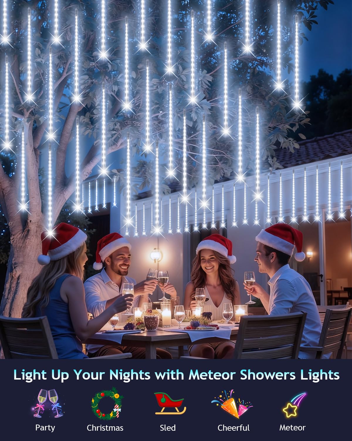 PEMOTech Christmas Lights Outdoor,16 Tubes 576 LED 16 Inch,Meteor Shower Lights Outdoor,Waterproof Icicle Lights,Luces Navideñas para Exteriores,White,50 ft for Christmas Tree,Party,Garden Decor