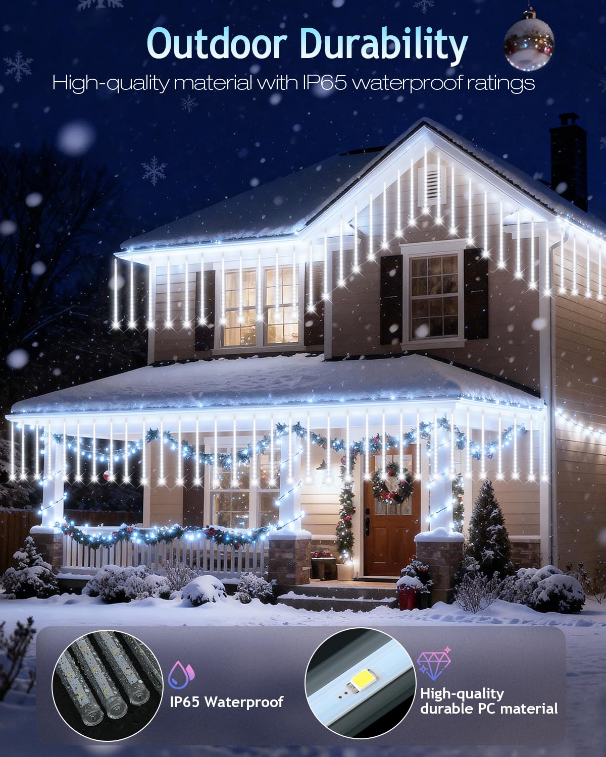 PEMOTech Christmas Lights Outdoor,16 Tubes 576 LED 16 Inch,Meteor Shower Lights Outdoor,Waterproof Icicle Lights,Luces Navideñas para Exteriores,White,50 ft for Christmas Tree,Party,Garden Decor