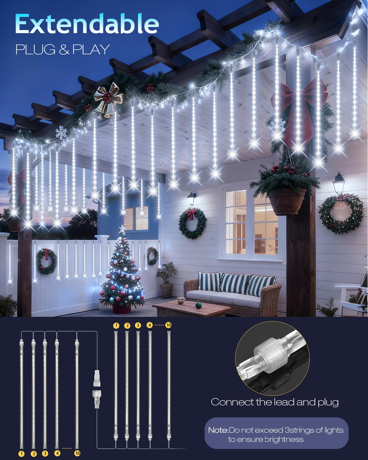 PEMOTech Christmas Lights Outdoor,16 Tubes 576 LED 16 Inch,Meteor Shower Lights Outdoor,Waterproof Icicle Lights,Luces Navideñas para Exteriores,White,50 ft for Christmas Tree,Party,Garden Decor