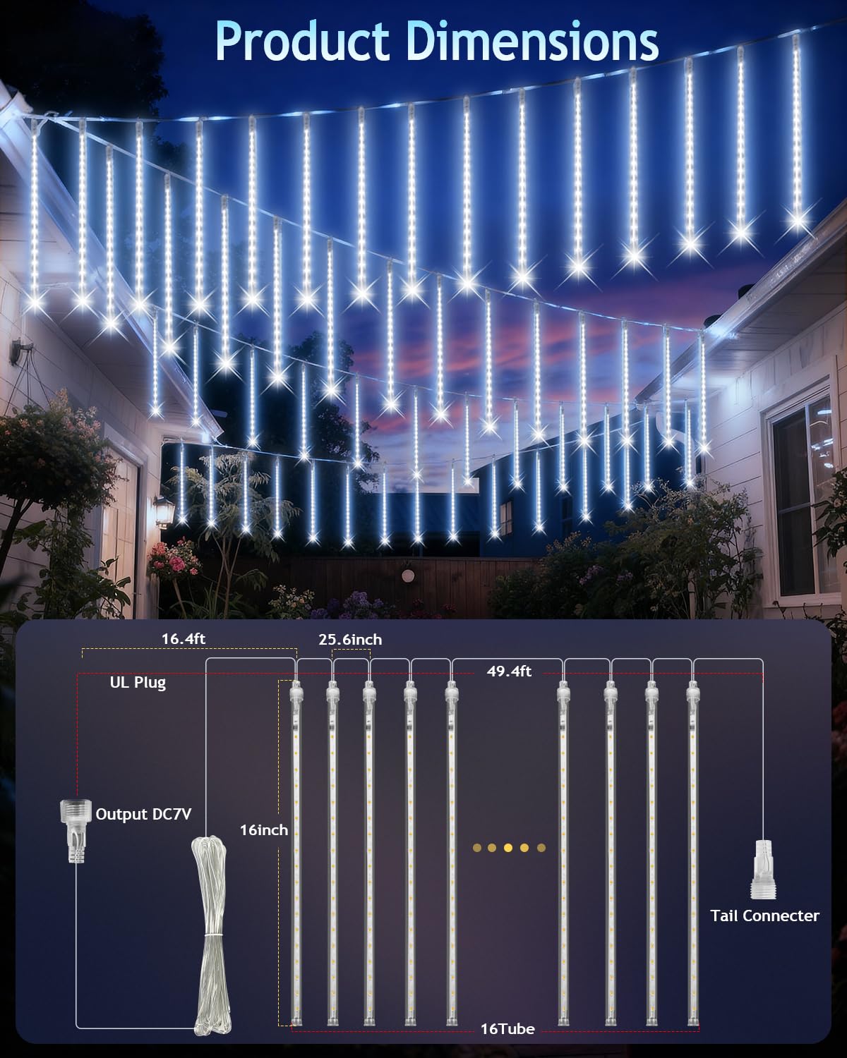 PEMOTech Christmas Lights Outdoor,16 Tubes 576 LED 16 Inch,Meteor Shower Lights Outdoor,Waterproof Icicle Lights,Luces Navideñas para Exteriores,White,50 ft for Christmas Tree,Party,Garden Decor