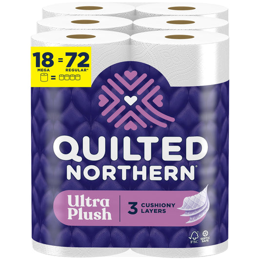 Quilted Northern Ultra Plush Toilet Paper, 18 Mega Rolls = 72 Regular Rolls, 3X Thicker*, 3 Ply Soft Toilet Tissue