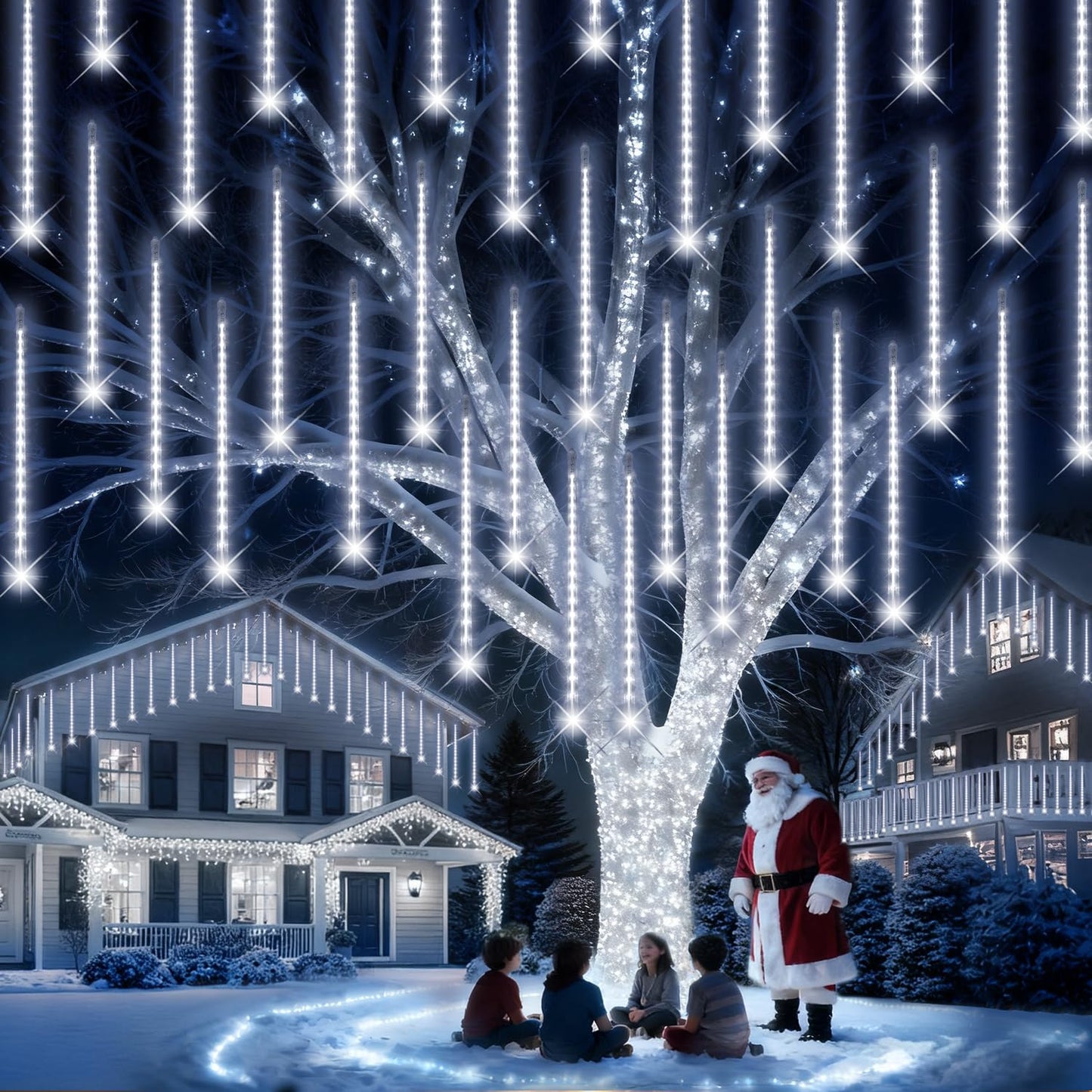 PEMOTech Christmas Lights Outdoor,16 Tubes 576 LED 16 Inch,Meteor Shower Lights Outdoor,Waterproof Icicle Lights,Luces Navideñas para Exteriores,White,50 ft for Christmas Tree,Party,Garden Decor