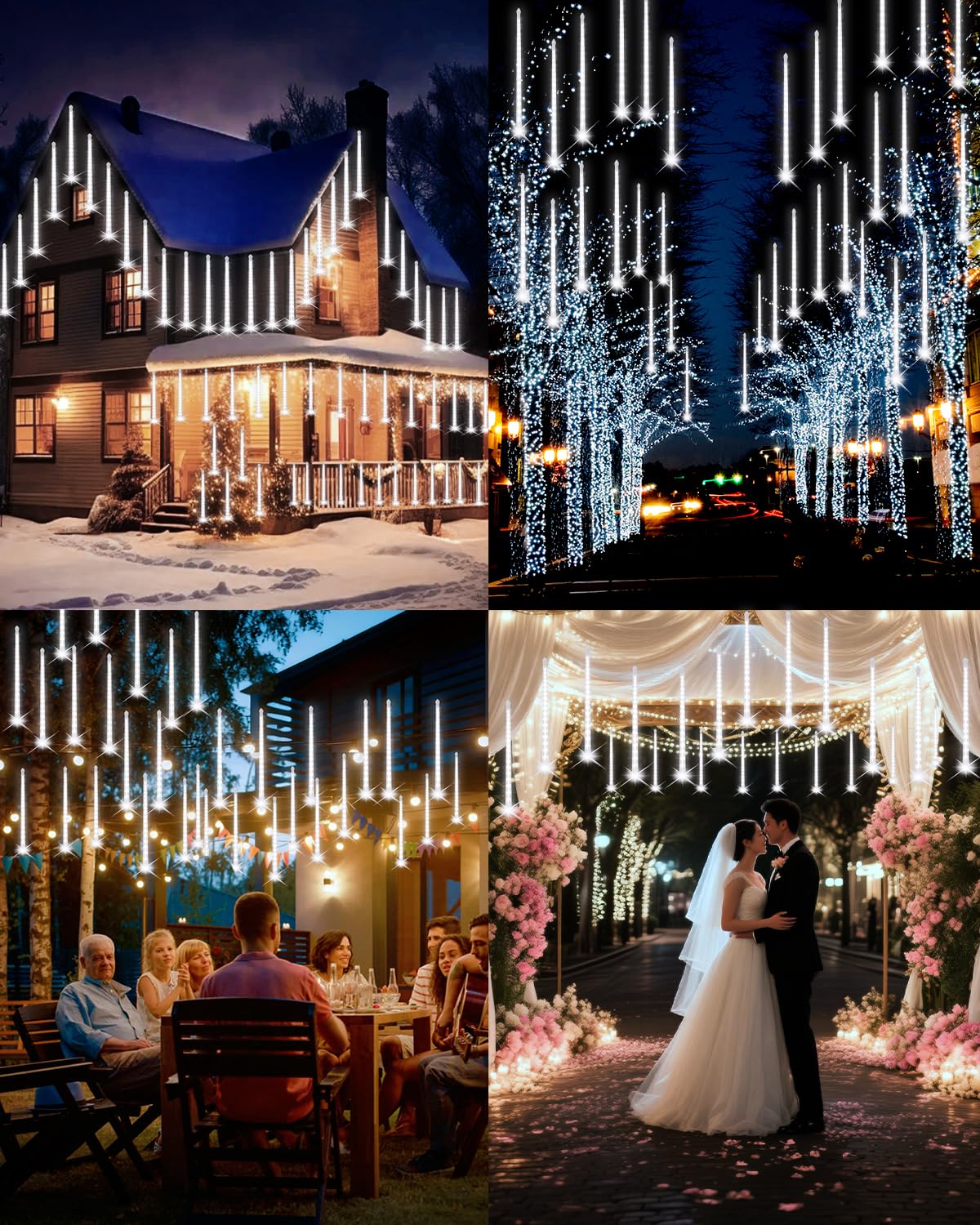 PEMOTech Christmas Lights Outdoor,16 Tubes 576 LED 16 Inch,Meteor Shower Lights Outdoor,Waterproof Icicle Lights,Luces Navideñas para Exteriores,White,50 ft for Christmas Tree,Party,Garden Decor