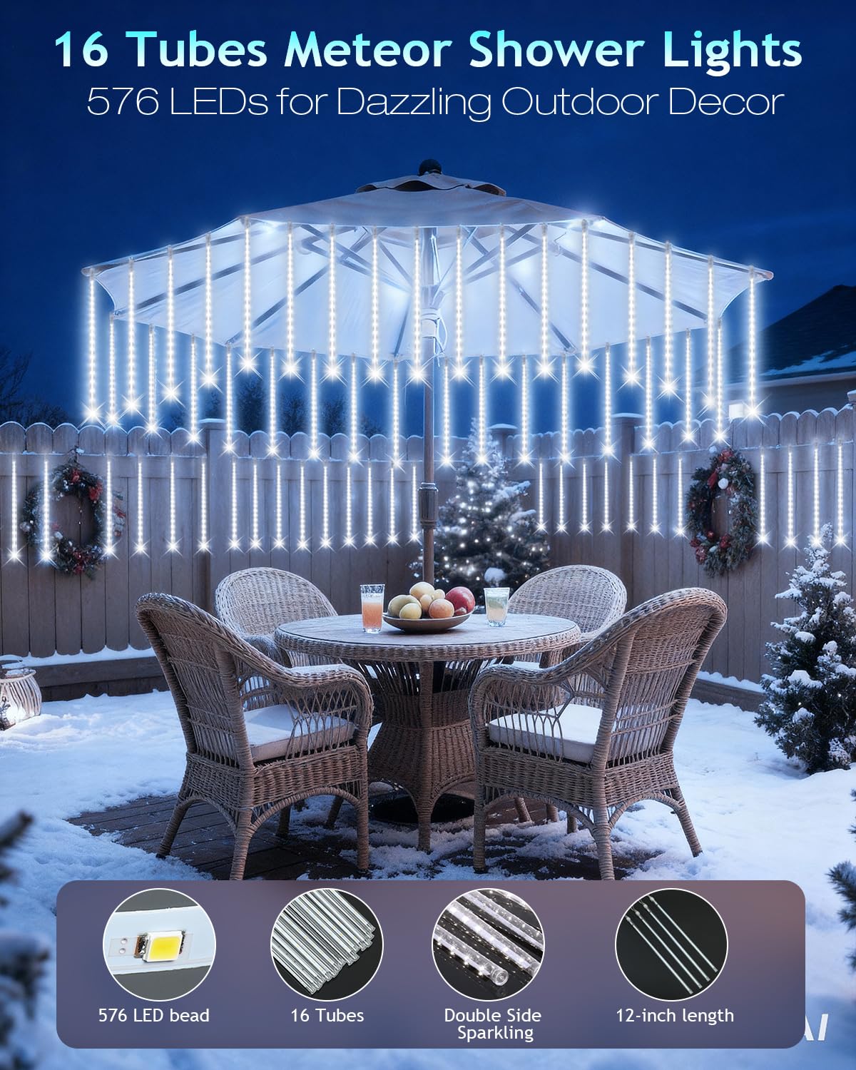 PEMOTech Christmas Lights Outdoor,16 Tubes 576 LED 16 Inch,Meteor Shower Lights Outdoor,Waterproof Icicle Lights,Luces Navideñas para Exteriores,White,50 ft for Christmas Tree,Party,Garden Decor