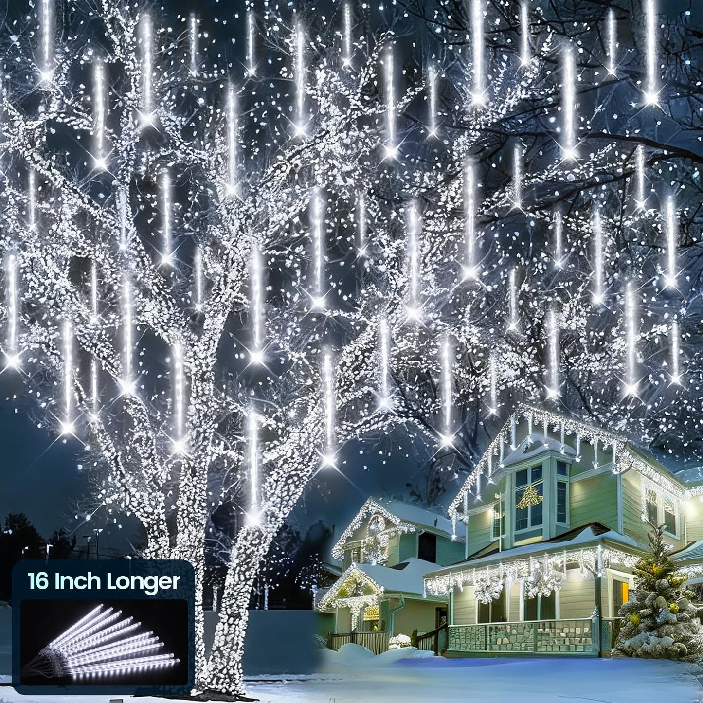 Aluan Christmas Lights Outdoor Meteor Shower Lights White 16 Inch 10 Tubes 360 LED Falling Rain Light Waterproof Snowfall Dripping Icicle Light for Xmas Tree Holiday Decoration Yard Porch Patio